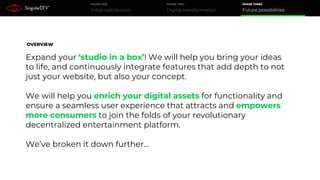 Initial web launch
PHASE ONE
Digital transformation
PHASE TWO
Future possibilities
PHASE THREE
Expand your ‘studio in a box’! We will help you bring your ideas
to life, and continuously integrate features that add depth to not
just your website, but also your concept.
We will help you enrich your digital assets for functionality and
ensure a seamless user experience that attracts and empowers
more consumers to join the folds of your revolutionary
decentralized entertainment platform.
We’ve broken it down further...
OVERVIEW
 