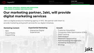 Initial web launch
PHASE ONE
Digital transformation
PHASE TWO
Future possibilities
PHASE THREE
CRM, EMAIL STRATEGY, DESIGN AND EXECUTION
PAID MEDIA PLANNING AND EXECUTION
Jakt is a digital product & marketing agency in NYC. We partner with them to
provide marketing and growth services for our digital initiatives.
Marketing Content
• SEO
• Social Media
• Copywriting
Experiential Marketing
• Interactive Digital
Experiences
Growth
• Customer Acquisition
• Conversion Rate Optimization (CRO)
• Data Tracking
• Data Analysis
• Retention Optimization
• Paid Marketing Management
• Marketing Automation
• Strategy
Our marketing partner, Jakt, will provide
digital marketing services
 