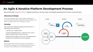 Our quick design sprints provide a glimpse of
what the final product will look like and allows the
team to align with the company culture.
We commit to delivering feature sets within X
development iterations.
• X sprints of X weeks each
• X days of development, X days for UAT, and X
days of bug fixing and fine tuning
• Anything that takes more than X development
iterations is moved for future releases
Discovery & Design
Develop
We present the current iteration to the client
for formal acceptance. The expectation for each
iteration is the delivery of working software.
Deliver
We will build Singular DTV’s digital presence using a lean and agile development team and process
An Agile & Iterative Platform Development Process
 