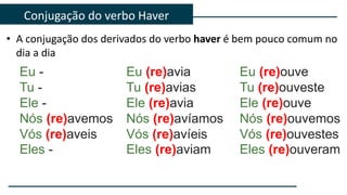 • A conjugação dos derivados do verbo haver é bem pouco comum no
dia a dia
Conjugação do verbo Haver
Eu (re)avia
Tu (re)avias
Ele (re)avia
Nós (re)avíamos
Vós (re)avíeis
Eles (re)aviam
Eu -
Tu -
Ele -
Nós (re)avemos
Vós (re)aveis
Eles -
Eu (re)ouve
Tu (re)ouveste
Ele (re)ouve
Nós (re)ouvemos
Vós (re)ouvestes
Eles (re)ouveram
 