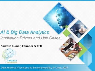 AI & Big Data Analytics
Innovation Drivers and Use Cases
Data Analytics Innovation and Entrepreneurship, 2nd June, 2016
Sarvesh	Kumar,	Founder	&	CEO	
 