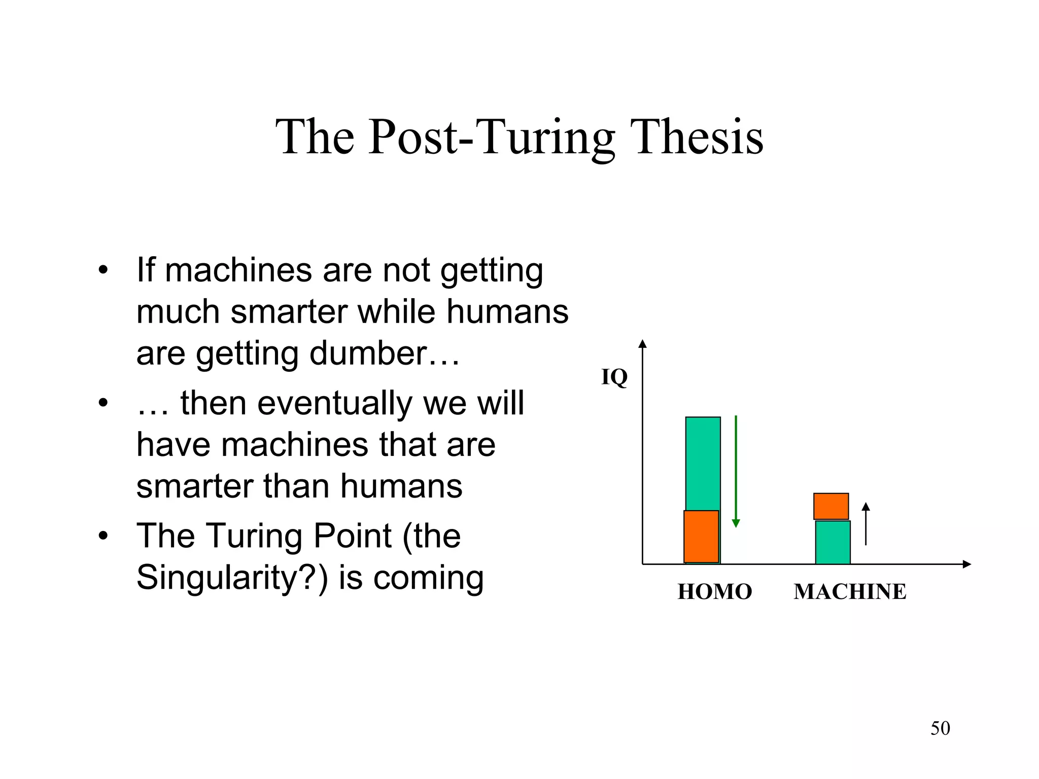 50
The Post-Turing Thesis
• If machines are not getting
much smarter while humans
are getting dumber…
• … then eventually we will
have machines that are
smarter than humans
• The Turing Point (the
Singularity?) is coming HOMO MACHINE
IQ
 