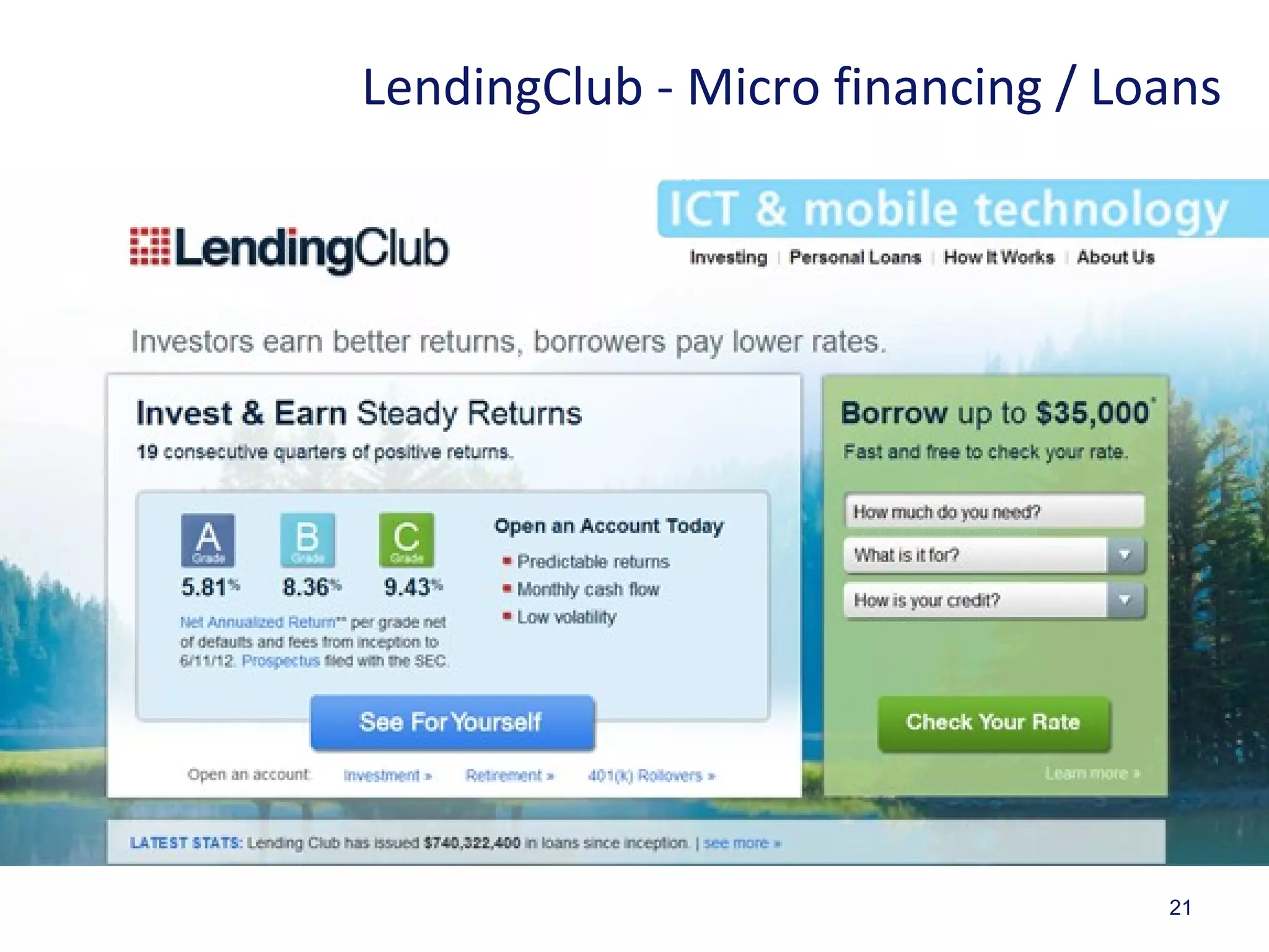 21
LendingClub - Micro financing / Loans
 