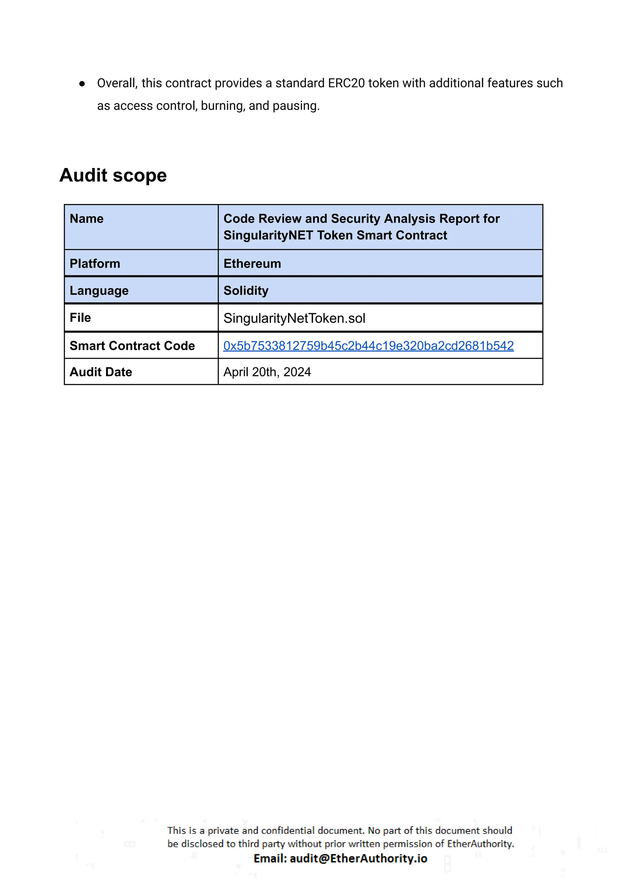 SingularityNET Token – Smart Contract Security Audit Report by  EtherAuthority | PDF