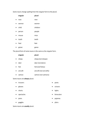 Some nouns change spelling from the singular form to the plural.

       singular                  plural

   •   man                       men

   •   woman                     women

   •   child                     children

   •   person                    people

   •   mouse                     mice

   •   tooth                     teeth

   •   foot                      feet

   •   goose                     geese

The plural form of some nouns is the same as the singular form.

       singular                  plural

   •   sheep                     sheep (not sheeps)

   •   deer                      deer (not deers)

   •   fish                      fish (not fishes)

   •   aircraft                  aircraft (not aircrafts)

   •   salmon                    salmon (not salmons)

Some nouns are always plural.

   •   trousers                                             •   pants

   •   glasses                                              •   scissors

   •   shorts                                               •   tights

   •   spectacles                                           •   binoculars

   •   jeans                                                •   pajamas

   •   goggles                                              •   pliers

Some nouns are usually plural.
 