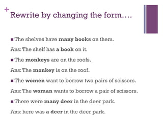 +
Rewrite by changing the form….
n The shelves have many books on them.
Ans:The shelf has a book on it.
n The monkeys are on the roofs.
Ans:The monkey is on the roof.
n The women want to borrow two pairs of scissors.
Ans:The woman wants to borrow a pair of scissors.
n There were many deer in the deer park.
Ans: here was a deer in the deer park.
 