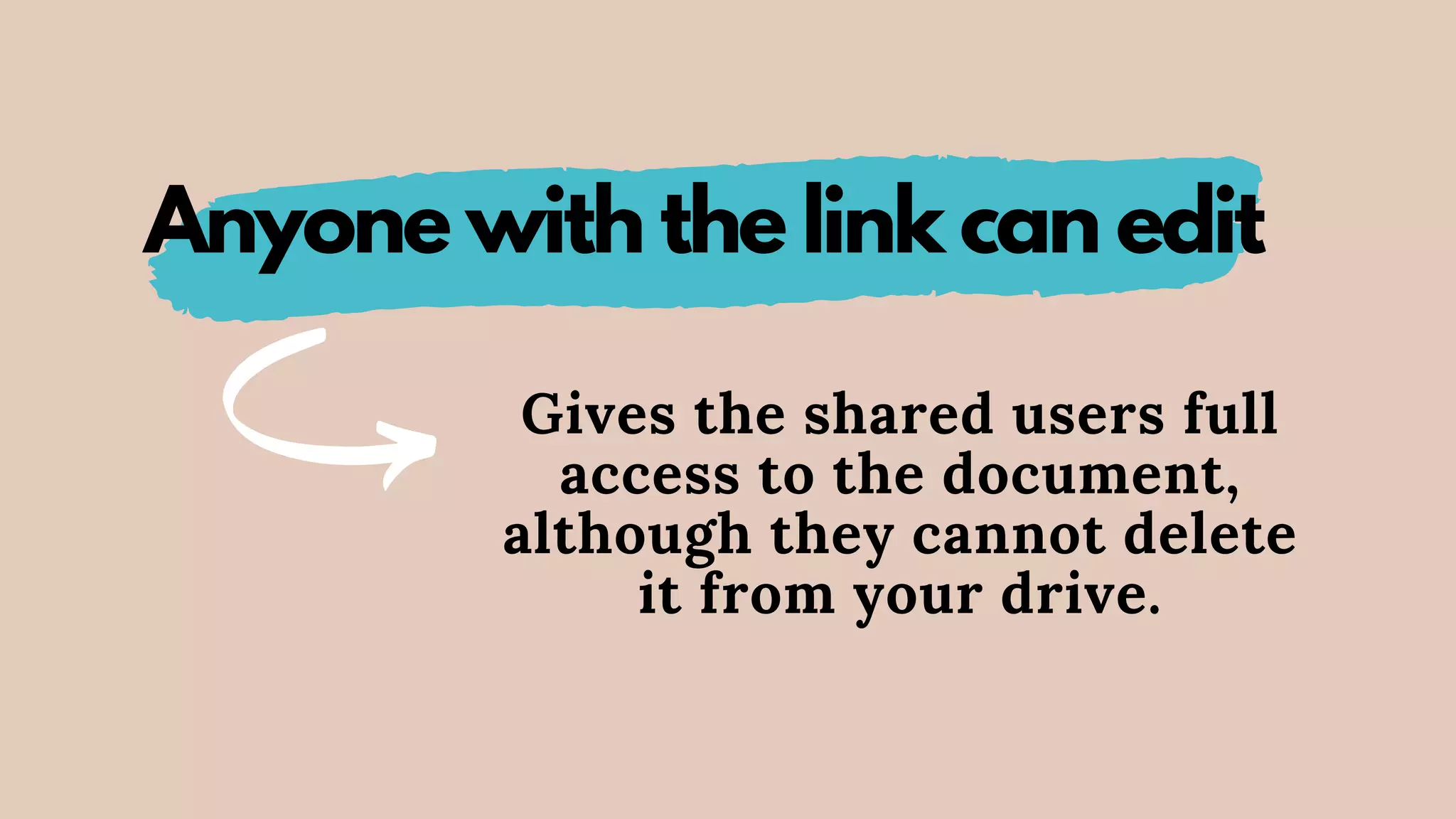 Anyone with the link can edit
Gives the shared users full
access to the document,
although they cannot delete
it from your drive.
 