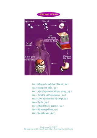 Bài 1: Nhập môn sinh học phân tử _ tập 1
           Bài 2: Màng sinh chất _ tập 1
           Bài 3: Vận chuyển vật chất qua màng _ tập 1
           Bài 4: Tiêu thể và Peroxisomes _ tập 2
           Bài 5: Lưới nội sinh chất và Golgi _tậi 2
           Bài 6: Ty thể _tập 2
           Bài 7: Nhân tế bào ở gian kỳ _ tập 3
           Bài 8: Bộ xương tế bào_ tập 3
           Bài 9: Sự phân bào _tập 3




                       Ebook created by CLB195
Bài giảng của các BS : Nguyễn Quốc Dũng _ Trần Công Toại_Lê Quốc Sử