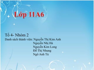 Tổ 4- Nhóm 2
Danh sách thành viên: Nguyễn Thị Kim Anh
                     Nguyễn Nhị Hà
                     Nguyễn Kim Long
                     Đỗ Thị Nhung
                     Ngô Anh Tú
 