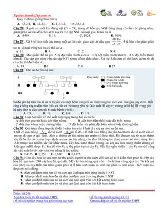 Nguồn: diemthi.24h.com.vn
Điểm thi 24h
Xem tra điểm thi tốt nghiệp THPT Đề thi đáp án tốt nghiệp THPT
Đề thi tốt nghiệp trung học phổ thông các năm Xem tra đáp án đề thi tốt nghiệp THPT
Quy trình tạo giống theo thứ tự
A. 1,3,2,4. B. 1,2,3,4. C. 1,3,4,2. D. 2,3,4,1.
Câu 28: Ở giới cái một loài động vật (2n = 24), trong đó bốn cặp NST đồng dạng có cấu trúc giống nhau,
giảm phân có trao đổi chéo đơn xảy ra ở 2 cặp NST, số loại giao tử tối đa là
A. 16384. B. 16. C. 1024. D. 4096.
Câu 29: Xét 4 tế bào sinh dục trong một cá thể ruồi giấm cái có kiểu gen
dE
De
ab
AB
. 4 tế bào trên giảm phân
tạo ra số loại trứng tối ®a có thể có là
A 16. B 8. C 2. D 4.
Câu 30 : Một quần thể có gen A bị đột biến thành alen a , B bị đột biến thành alen b , D bị đột biến thành
alen d . Các cặp gen nằm trên các cặp NST tương đồng khác nhau . Số loại kiểu gen có thể được tạo ra tối đa
của các thể đột biến là :
A. 19 B.1 C.9 D.27
Câu 31: Cho sơ đồ phả hệ sau:
Sơ đồ phả hệ trên mô tả sự di truyền của một bệnh ở người do một trong hai alen của một gen quy định. Biết
rằng không xảy ra đột biến ở tất cả các cá thể trong phả hệ. Xác suất để cặp vợ chồng ở thế hệ III trong phả
hệ này sinh ra đứa con gái bị mắc bệnh trên là :
A. 1/3. B. 1/6. C. 1/4. D. 1/8.
Câu 32: Loại đột biến có thể xuất hiện ngay trong đời cá thể là
A đột biến giao tử hoặc đột biến xôma. B .đột biến tiền phôi hoặc đột biến xôma.
C đột biến xôma hoặc thường biến. D. đột biến tiền phôi, đột biến xôma hoặc thường biến.
Câu 33: Quá trình tổng hợp sắc tố đỏ ở cánh hoa của 1 loài cây xảy ra theo sơ đồ sau:
Chất có màu trắng A sắc tố xanh B sắc tố đỏ. Để chất màu trắng chuyển đổi thành sắc tố xanh cần có
enzim do gen A qui định. Alen a không có khả năng tạo enzim có hoạt tính. Để chuyển sắc tố xanh thành
sắc tố đỏ cần có enzim B qui định enzim có chức năng, còn alen b không tạo được enzim có chức năng. Gen
A,B thuộc các nhiễm sắc thể khác nhau. Cây hoa xanh thuần chủng lai với cây hoa trắng thuần chủng có
kiểu gen aaBB được F1. Sau đó cho F1 tự thụ phấn tạo ra cây F2. Nếu lấy ngẫu nhiên 1 cây F2 non để trồng
thì xác suất để cây này cho hoa trắng là bao nhiêu:
A. 0,4375 B. 0,250 C. 0,650 D. 0,1875
Câu 34: Cho cây hoa đỏ quả tròn tự thụ phấn, người ta thu được đời con có tỉ lệ kiểu hình phân li: 510 cây
hoa đỏ, quả tròn: 240 cây hoa đỏ, quả dài: 242 cây hoa trắng, quả tròn: 10 cây hoa trắng, quả dài. Từ kết quả
của phép lai này,Biết quá trình giảm phân ở tế bào sinh noãn và sinh hạt phấn là như nhau . Kết luận nào
được rút ra là đúng:
A. Alen qui định màu hoa đỏ và alen qui định quả tròn cùng thuộc 1 NST
B. Alen qui định màu hoa đỏ và alen qui định quả dài cùng thuộc 1 NST
C. Alen qui định màu hoa đỏ và alen qui định quả tròn liên kết không hoàn toàn
D. Alen qui định màu hoa đỏ và alen qui định quả tròn liên kết hoàn toàn
 