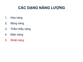 CÁC DẠNG NĂNG ƯỢN
1. Hóa năng
2. Động năng
3. Thẩm thấu năng
4. Điện năng
5. Nhiệt năng
 