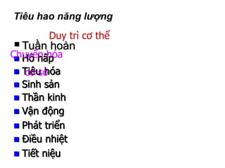 Tiêu hao năng lượng
Tuần hoàn
 Hô hấp
 Tiêu hóa
 Tiết niệu
 Thần kinh
 Vận động
 Điều nhiệt
 Phát triển
 Sinh sản
Duy trì cơ thể
Chuyển hóa
cơ sở
 