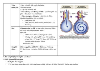 Viêm
đường thở
- Tăng tiết dịch nhầy tuyến dưới niêm
- Co thắt cơ trơn
- Lớp dưới niêm dày lên
⇒ Giảm đường kính đường dẫn khí - giảm lượng khí vào
phổi → Biểu hiện: khó thở, khò khè
⇒ Tăng kháng trở đường thở → Khó thở thì thở ra
Lâu dần: Hen không điều trị, COPD
-​ Giảm thông khí
-​ Ứ khí phế nang → Tổn thương mô liên kết → Khí
phế thủng
Hen Phản ứng viêm, co thắt cơ trơn → hẹp lòng, tăng kháng
trở → khó lưu thông luồng khí thở ra
Hậu quả:
-​ GĐ đầu: Giảm PEF ( lưu lượng đỉnh) , FEV1
-​ GĐ nặng: tích tụ lượng khí trong phổi (do kháng
trở quá lớn) → RV tăng, FVC (dung tích khí thở ra
gắng sức) giảm do đường thở tắc
→ Giảm oxy máu
Khí phế
thủng
Phổi căng phồng (ứ khí PN) → TLC tăng, FRC tăng
RV tăng rất cao - do đường thở bít tắc/đóng → thở ra kéo
dài
2. Bất xứng V/Q: bệnh tại phổi - mạch máu
(1) Sinh lý thông khí tưới máu:
-​ Đỉnh phổi đến đáy phổi
+​ V (TK phế nang) - tăng dần → đỉnh phổi căng hơn so với đáy phổi nên để thông khí thì PN cần lực căng lớn hơn
 