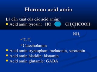 Hormon acid aminHormon acid amin
Là dẫn xuất của các acid amin:Là dẫn xuất của các acid amin:
 Acid amin tyrosin: HO CHAcid amin tyrosin: HO CH22CHCOOHCHCOOH
NHNH22
TT33-T-T44
CatecholaminCatecholamin
 Acid amin tryptophan: melatonin, serotoninAcid amin tryptophan: melatonin, serotonin
 Acid amin histidin: histaminAcid amin histidin: histamin
 Acid amin glutamic: GABAAcid amin glutamic: GABA
 