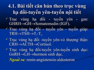 4.1. Bài tiết căn bản theo trục vùng4.1. Bài tiết căn bản theo trục vùng
hạ đồi-tuyến yên-tuyến nội tiếthạ đồi-tuyến yên-tuyến nội tiết
 Trục vùng hạ đồi - tuyến yên - gan:Trục vùng hạ đồi - tuyến yên - gan:
GHRHGHRH→→GHGH→→Somatomedin (IGF).Somatomedin (IGF).
 Trục vùng hạ đồi - tuyến yên - tuyến giáp:Trục vùng hạ đồi - tuyến yên - tuyến giáp:
TRHTRH→→TSHTSH→→TT33-T-T44..
 Trục vùng hạ đồi -tuyến yên-vỏ thượng thận:Trục vùng hạ đồi -tuyến yên-vỏ thượng thận:
CRHCRH→→ACTHACTH→→Cortisol.Cortisol.
 Trục vùng hạ đồi-tuyến yên-tuyến sinh dục:Trục vùng hạ đồi-tuyến yên-tuyến sinh dục:
GnRHGnRH→→LHLH→→hormon sinh dục.hormon sinh dục.
Ngoài raNgoài ra: renin-angiotensin-aldosteron: renin-angiotensin-aldosteron
 