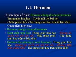 1.1. Hormon1.1. Hormon
- Quan niệm cổ điển:- Quan niệm cổ điển: Hormon chung (General hormon)Hormon chung (General hormon)::
Trung gian hoá học - Tuyến nội tiết bài tiếtTrung gian hoá học - Tuyến nội tiết bài tiết
- Máu phân phối - Tác dụng sinh học trên tế bào đích- Máu phân phối - Tác dụng sinh học trên tế bào đích
- Quan niệm hiện nay:Quan niệm hiện nay:
++ Hormon chung (General hormon)Hormon chung (General hormon)
++ Hoạt chất sinh họcHoạt chất sinh học:: Trung gian hoá học –Trung gian hoá học – Không doKhông do
tuyến nội tiết bài tiếttuyến nội tiết bài tiết - Máu phân phối - Tác dụng- Máu phân phối - Tác dụng
sinh học trên tế bào đíchsinh học trên tế bào đích
++ Hormon địa phương (Local hormon)Hormon địa phương (Local hormon):: Trung gian hoáTrung gian hoá
học –học – Không doKhông do tuyến nội tiết bài tiếttuyến nội tiết bài tiết –– KhôngKhông đ cượđ cượ
máu phân phốimáu phân phối - Tác dụng sinh học trên tế bào đích- Tác dụng sinh học trên tế bào đích
 