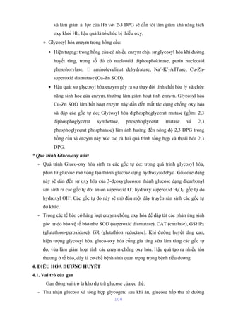 và làm giảm ái lực của Hb với 2-3 DPG sẽ dẫn tới làm giảm khả năng tách 
oxy khỏi Hb, hậu quả là tổ chức bị thiếu oxy. 
+ Glycosyl hóa enzym trong hồng cầu: 
· Hiện tượng: trong hồng cầu có nhiều enzym chịu sự glycosyl hóa khi đường 
huyết tăng, trong số đó có nucleosid diphosphokinase, purin nucleosid 
phosphorylase,  aminolevulinat dehydratase, Na+-K+-ATPase, Cu-Zn-superoxid 
dismutase (Cu-Zn SOD). 
· Hậu quả: sự glycosyl hóa enzym gây ra sự thay đổi tính chất hóa lý và chức 
năng sinh học của enzym, thường làm giảm hoạt tính enzym. Glycosyl hóa 
Cu-Zn SOD làm bất hoạt enzym này dẫn đến mất tác dụng chống oxy hóa 
và dập các gốc tự do; Glycosyl hóa diphosphoglycerat mutase (gồm: 2,3 
diphosphoglycerat synthetase, phosphoglycerat mutase và 2,3 
phosphoglycerat phosphatase) làm ảnh hưởng đến nồng độ 2,3 DPG trong 
hồng cầu vì enzym này xúc tác cả hai quá trình tổng hợp và thoái hóa 2,3 
DPG. 
* Quá trình Gluco-oxy hóa: 
- Quá trình Gluco-oxy hóa sinh ra các gốc tự do: trong quá trình glycosyl hóa, 
phân tử glucose mở vòng tạo thành glucose dạng hydroxyaldehyd. Glucose dạng 
này sẽ dẫn đến sự oxy hóa của 3-deoxyglucoson thành glucose dạng dicarbonyl 
sản sinh ra các gốc tự do: anion superoxid O-, hydroxy superoxid H2O2, gốc tự do 
hydroxyl OH-. Các gốc tự do này sẽ mở đầu một dây truyền sản sinh các gốc tự 
do khác. 
- Trong các tế bào có hàng loạt enzym chống oxy hóa để dập tắt các phản ứng sinh 
gốc tự do bảo vệ tế bào như SOD (superoxid dismutase), CAT (catalase), GSHPx 
(glutathion-peroxidase), GR (glutathion reductase). Khi đường huyết tăng cao, 
hiện tượng glycosyl hóa, gluco-oxy hóa cũng gia tăng vừa làm tăng các gốc tự 
do, vừa làm giảm hoạt tính các enzym chống oxy hóa. Hậu quả tạo ra nhiều tổn 
thương ở tế bào, đây là cơ chế bệnh sinh quan trọng trong bệnh tiểu đường. 
4. ĐIỀU HÒA ĐƯỜNG HUYẾT 
4.1. Vai trò của gan 
Gan đóng vai trò là kho dự trữ glucose của cơ thể: 
- Thu nhận glucose và tổng hợp glycogen: sau khi ăn, glucose hấp thu từ đường 
108 
 