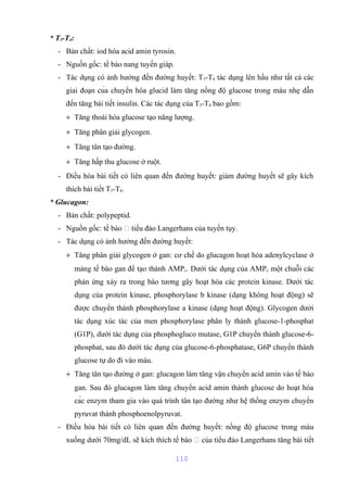 * T3-T4: 
- Bản chất: iod hóa acid amin tyrosin. 
- Nguồn gốc: tế bào nang tuyến giáp. 
- Tác dụng có ảnh hưởng đến đường huyết: T3-T4 tác dụng lên hầu như tất cả các 
giai đoạn của chuyển hóa glucid làm tăng nồng độ glucose trong máu nhẹ dẫn 
đến tăng bài tiết insulin. Các tác dụng của T3-T4 bao gồm: 
+ Tăng thoái hóa glucose tạo năng lượng. 
+ Tăng phân giải glycogen. 
+ Tăng tân tạo đường. 
+ Tăng hấp thu glucose ở ruột. 
- Điều hòa bài tiết có liên quan đến đường huyết: giảm đường huyết sẽ gây kích 
thích bài tiết T3-T4. 
* Glucagon: 
- Bản chất: polypeptid. 
- Nguồn gốc: tế bào  tiểu đảo Langerhans của tuyến tụy. 
- Tác dụng có ảnh hưởng đến đường huyết: 
+ Tăng phân giải glycogen ở gan: cơ chế do glucagon hoạt hóa adenylcyclase ở 
màng tế bào gan để tạo thành AMPc. Dưới tác dụng của AMPc một chuỗi các 
phản ứng xảy ra trong bào tương gây hoạt hóa các protein kinase. Dưới tác 
dụng của protein kinase, phosphorylase b kinase (dạng không hoạt động) sẽ 
được chuyển thành phosphorylase a kinase (dạng hoạt động). Glycogen dưới 
tác dụng xúc tác của men phosphorylase phân ly thành glucose-1-phosphat 
(G1P), dưới tác dụng của phosphogluco mutase, G1P chuyển thành glucose-6- 
phosphat, sau đó dưới tác dụng của glucose-6-phosphatase, G6P chuyển thành 
glucose tự do đi vào máu. 
+ Tăng tân tạo đường ở gan: glucagon làm tăng vận chuyển acid amin vào tế bào 
gan. Sau đó glucagon làm tăng chuyển acid amin thành glucose do hoạt hóa 
các enzym tham gia vào quá trình tân tạo đường như hệ thống enzym chuyển 
pyruvat thành phosphoenolpyruvat. 
- Điều hòa bài tiết có liên quan đến đường huyết: nồng độ glucose trong máu 
xuống dưới 70mg/dL sẽ kích thích tế bào  của tiểu đảo Langerhans tăng bài tiết 
110 
 