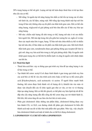 20% trọng lượng cơ thể nữ giới. Lượng mỡ dự trữ luôn được thoái hóa và tái tạo theo 
nhu cầu của cơ thể. 
- Mỡ trắng: là nguồn dự trữ năng lượng lớn nhất cơ thể tồn tại trong các tổ chức 
mỡ dưới da, các hố đệm, màng ruột. Mỡ trắng tập trung thành một hạt mỡ lớn 
trong tế bào mỡ, không chịu sự chi phối của thần kinh giao cảm. Khi cơ thể cần 
năng lượng, triglycerid sẽ giải phóng acid béo đưa đến các tế bào oxy hóa tạo 
năng lượng. 
- Mỡ nâu: chiếm một lượng rất nhỏ trong cơ thể, lượng mỡ nâu ở trẻ em nhiều 
hơn người lớn. Mỡ nâu tập trung chủ yếu giữa hai xương bả vai, ngấn cổ và dọc 
theo các mạch máu lớn ở ngực, bụng. Tế bào mỡ nâu chứa nhiều ty thể và nhiều 
hạt mỡ nâu nhỏ, tế bào nhận sự chi phối của thần kinh giao cảm. Khi kích thích 
thần kinh giao cảm, noradrenalin được giải phóng thông qua receptor b3 làm ly 
giải mỡ, tăng oxy hóa acid béo trong ty thể giải phóng nhiệt. Đây là nguồn sinh 
nhiệt quan trọng cho cơ thể khi bị nhiễm lạnh và cũng là nguồn sinh nhiệt chậm 
sau khi ăn. 
2.3. Thoái hóa lipid 
- Thoái hóa acid béo: xảy ra thông qua quá trình oxy hóa để tạo năng lượng ở các 
tế bào trong cơ thể. 
- Tạo thành thể ceton: acetyl CoA được hình thành ở gan trong quá trình oxy hóa 
các acid béo có thể đi vào chu trình acid citric hoặc có thể tạo ra thể ceton gồm 
acid b-hydroxybutyric, acid acetoacetic và aceton. Ở người khỏe mạnh bình 
thường, thể ceton được hình thành với số lượng rất ít, khuếch tán vào máu và 
được vận chuyển đến các tổ chức ngoài gan như cơ vân, cơ tim và vỏ thượng 
thận tạo năng lượng. Khi cơ thể đói glucid, cơ thể phải oxy hóa lipid dự trữ để bù 
đắp nhu cầu năng lượng dẫn đến nồng độ thể ceton tăng cao trở thành bệnh lý. 
Đôi khi, thể ceton tăng rất cao làm cho hơi thở có mùi ceton. 
- Phân giải cholesterol: khác những sản phẩm khác, cholesterol không được oxy 
hóa thành CO2 và H2O, con đường chính để phân giải cholesterol là biến đổi 
thành acid mật sau đó sẽ đào thải một phần nhỏ qua phân. Như vậy, việc chuyển 
hóa cholesterol thành acid mật sẽ tránh cho cơ thể bị ứ đọng cholesterol. 
3. LIPOPROTEIN VÀ CHUYỂN HÓA LIPOPROTEIN 
124 
 