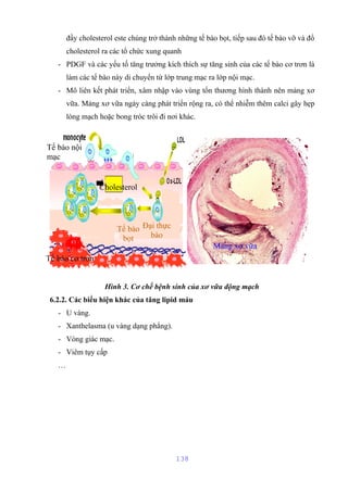 đầy cholesterol este chúng trở thành những tế bào bọt, tiếp sau đó tế bào vỡ và đổ 
cholesterol ra các tổ chức xung quanh 
- PDGF và các yếu tố tăng trưởng kích thích sự tăng sinh của các tế bào cơ trơn là 
làm các tế bào này di chuyển từ lớp trung mạc ra lớp nội mạc. 
- Mô liên kết phát triển, xâm nhập vào vùng tổn thương hình thành nên mảng xơ 
vữa. Mảng xơ vữa ngày càng phát triển rộng ra, có thể nhiễm thêm calci gây hẹp 
lòng mạch hoặc bong tróc trôi đi nơi khác. 
Hình 3. Cơ chế bệnh sinh của xơ vữa động mạch 
6.2.2. Các biểu hiện khác của tăng lipid máu 
- U vàng. 
- Xanthelasma (u vàng dạng phẳng). 
- Vòng giác mạc. 
- Viêm tụy cấp 
… 
138 
Tế bào nội 
mạc 
Tế bào 
bọt 
Tế bào cơ trơn 
Đại thực 
bào 
Cholesterol 
Mảng xơ vữa 
 