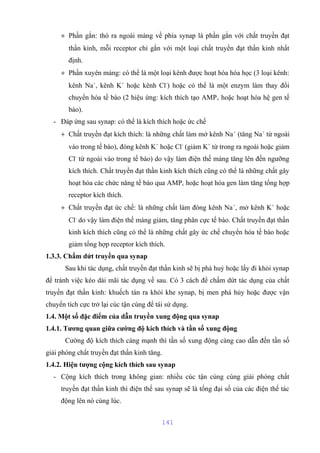 + Phần gắn: thò ra ngoài màng về phía synap là phần gắn với chất truyền đạt 
thần kinh, mỗi receptor chỉ gắn với một loại chất truyền đạt thần kinh nhất 
định. 
+ Phần xuyên màng: có thể là một loại kênh được hoạt hóa hóa học (3 loại kênh: 
kênh Na+, kênh K+ hoặc kênh Cl-) hoặc có thể là một enzym làm thay đổi 
chuyển hóa tế bào (2 hiệu ứng: kích thích tạo AMPc hoặc hoạt hóa hệ gen tế 
bào). 
- Đáp ứng sau synap: có thể là kích thích hoặc ức chế 
+ Chất truyền đạt kích thích: là những chất làm mở kênh Na+ (tăng Na+ từ ngoài 
vào trong tế bào), đóng kênh K+ hoặc Cl- (giảm K+ từ trong ra ngoài hoặc giảm 
Cl- từ ngoài vào trong tế bào) do vậy làm điện thế màng tăng lên đến ngưỡng 
kích thích. Chất truyền đạt thần kinh kích thích cũng có thể là những chất gây 
hoạt hóa các chức năng tế bào qua AMPc hoặc hoạt hóa gen làm tăng tổng hợp 
receptor kích thích. 
+ Chất truyền đạt ức chế: là những chất làm đóng kênh Na+, mở kênh K+ hoặc 
Cl- do vậy làm điện thế màng giảm, tăng phân cực tế bào. Chất truyền đạt thần 
kinh kích thích cũng có thể là những chất gây ức chế chuyển hóa tế bào hoặc 
giảm tổng hợp receptor kích thích. 
1.3.3. Chấm dứt truyền qua synap 
Sau khi tác dụng, chất truyền đạt thần kinh sẽ bị phá huỷ hoặc lấy đi khỏi synap 
để tránh việc kéo dài mãi tác dụng về sau. Có 3 cách để chấm dứt tác dụng của chất 
truyền đạt thần kinh: khuếch tán ra khỏi khe synap, bị men phá hủy hoặc được vận 
chuyển tích cực trở lại cúc tận cùng để tái sử dụng. 
1.4. Một số đặc điểm của dẫn truyền xung động qua synap 
1.4.1. Tương quan giữa cường độ kích thích và tần số xung động 
Cường độ kích thích càng mạnh thì tần số xung động càng cao dẫn đến tần số 
giải phóng chất truyền đạt thần kinh tăng. 
1.4.2. Hiện tượng cộng kích thích sau synap 
- Cộng kích thích trong không gian: nhiều cúc tận cùng cùng giải phóng chất 
truyền đạt thần kinh thì điện thế sau synap sẽ là tổng đại số của các điện thế tác 
động lên nó cùng lúc. 
141 
 