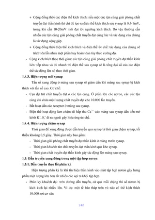 + Cộng đồng thời các điện thế kích thích: nếu một cúc tận cùng giải phóng chất 
truyền đạt thần kinh thì chỉ đủ tạo ra điện thế kích thích sau synap là 0,5-1mV, 
trong khi cần 10-20mV mới đạt tới ngưỡng kích thích. Do vậy thường cần 
nhiều cúc tận cùng giải phóng chất truyền đạt cùng lúc và tác dụng của chúng 
là tác dụng cộng gộp. 
+ Cộng đồng thời điện thế kích thích và điện thế ức chế: tác dụng của chúng sẽ 
triệt tiêu lẫn nhau một phần hay hoàn tòan tùy theo cường độ. 
- Cộng kích thích theo thời gian: cúc tận cùng giải phóng chất truyền đạt thần kinh 
liên tiếp nhau và đủ nhanh thì điện thế sau synap sẽ là tổng đại số của các điện 
thế tác động lên nó theo thời gian. 
1.4.3. Hiện tượng mỏi synap 
Tần số xung động ở màng sau synap sẽ giảm dần khi màng sau synap bị kích 
thích với tần số cao. Cơ chế: 
- Cạn dự trữ chất truyền đạt ở cúc tận cùng. Ở phần lớn các nơron, các cúc tận 
cùng chỉ chứa một lượng chất truyền đạt cho 10.000 lần truyền. 
- Bất hoạt dần các receptor ở màng sau synap. 
- Điện thế hoạt động làm chậm tái hấp thu Ca++ vào màng sau synap dẫn đến mở 
kênh K+, K+ đi ra ngoài gây hiệu ứng ức chế. 
1.4.4. Hiện tượng chậm synap 
Thời gian để xung động được dẫn truyền qua synap là thời gian chậm synap, tối 
thiểu khoảng 0,5 giây. Thời gian này bao gồm: 
- Thời gian giải phóng chất truyền đạt thần kinh ở màng trước synap. 
- Thời gian khuếch tán chất truyền đạt thần kinh qua khe synap. 
- Thời gian chất truyền đạt thần kinh gây tác động lên màng sau synap. 
1.5. Dẫn truyền xung động trong một tập hợp nơron 
1.5.1. Dẫn truyền theo lối phân kỳ 
Hiện tượng phân kỳ là khi tín hiệu thần kinh vào một tập hợp nơron gây hưng 
phấn một lượng lớn hơn rất nhiều các sợi ra khỏi tập hợp. 
- Phân kỳ khuếch đại: trên đường dẫn truyền, cứ qua mỗi chặng thì số nơron bị 
kích kích lại nhiều lên. Ví dụ: một tế bào tháp trên vỏ não có thể kích thích 
10.000 sợi cơ vân. 
142 
 