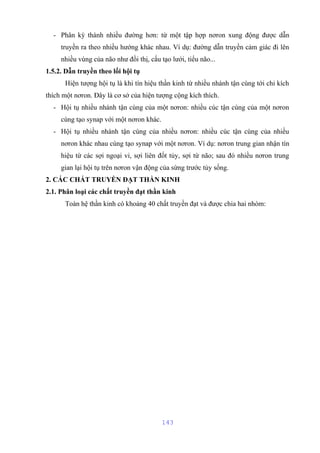 - Phân kỳ thành nhiều đường hơn: từ một tập hợp nơron xung động được dẫn 
truyền ra theo nhiều hướng khác nhau. Ví dụ: đường dẫn truyền cảm giác đi lên 
nhiều vùng của não như đồi thị, cấu tạo lưới, tiểu não... 
1.5.2. Dẫn truyền theo lối hội tụ 
Hiện tượng hội tụ là khi tín hiệu thần kinh từ nhiều nhánh tận cùng tới chỉ kích 
thích một nơron. Đây là cơ sở của hiện tượng cộng kích thích. 
- Hội tụ nhiều nhánh tận cùng của một nơron: nhiều cúc tận cùng của một nơron 
cùng tạo synap với một nơron khác. 
- Hội tụ nhiều nhánh tận cùng của nhiều nơron: nhiều cúc tận cùng của nhiều 
nơron khác nhau cùng tạo synap với một nơron. Ví dụ: nơron trung gian nhận tín 
hiệu từ các sợi ngoại vi, sợi liên đốt tủy, sợi từ não; sau đó nhiều nơron trung 
gian lại hội tụ trên nơron vận động của sừng trước tủy sống. 
2. CÁC CHẤT TRUYỀN ĐẠT THẦN KINH 
2.1. Phân loại các chất truyền đạt thần kinh 
Toàn hệ thần kinh có khoảng 40 chất truyền đạt và được chia hai nhóm: 
143 
 