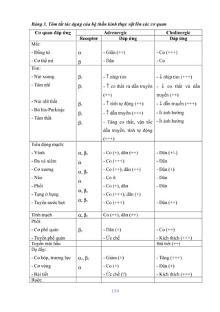 Bảng 3. Tóm tắt tác dụng của hệ thần kinh thực vật lên các cơ quan 
Cơ quan đáp ứng Adrenergic Cholinergic 
Receptor Đáp ứng Đáp ứng 
Mắt: 
- Đồng tử 
- Cơ thể mi 
a 
b 
- Giãn (++) 
- Dãn 
- Co (+++) 
- Co 
Tim: 
- Nút xoang 
- Tâm nhĩ 
- Nút nhĩ thất 
- Bó his-Purkinje 
- Tâm thất 
b1 
b1 
b1 
b1 
b1 
- ­ nhịp tim 
- ­ co thắt và dẫn truyền 
(++) 
- ­ tính tự động (++) 
- ­ dẫn truyền (+++) 
- Tăng co thắt, vận tốc 
dẫn truyền, tính tự động 
(+++) 
- ¯ nhịp tim (+++) 
- ¯ co thắt và dẫn 
truyền (++) 
- ¯ dẫn truyền (+++) 
- Ít ảnh hưởng 
- Ít ảnh hưởng 
Tiểu động mạch: 
- Vành 
- Da và niêm 
- Cơ xương 
- Não 
- Phổi 
- Tạng ở bụng 
- Tuyến nước bọt 
a, b2 
a 
a, b2 
a 
a, b2 
a, b2 
- Co (+), dãn (++) 
- Co (+++) 
- Co (++), dãn (++) 
- Co ít 
- Co (+), dãn 
- Co (+++), dãn (+) 
- Co (+++) 
- Dãn (+/-) 
- Dãn 
- Dãn (+) 
- Dãn 
- Dãn 
- Dãn (++) 
Tĩnh mạch a, b2 Co (++), dãn (++) 
Phổi: 
- Cơ phế quản 
b2 - Dãn (+) 
- Tuyến phế quản 
- Ức chế 
- Co (++) 
- Kích thích (+++) 
Tuyến mũi hầu Bài tiết (++) 
Dạ dày: 
- Co bóp, trương lực 
a2, b2 
- Giảm (+) 
- Cơ vòng 
a 
- Co (+) 
- Bài tiết 
- Ức chế (?) 
- Tăng (+++) 
- Dãn (+) 
- Kích thích (+++) 
Ruột: 
154 
 