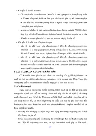 - Các yếu tố ức chế plasmin: 
+ Các serpin như a2-antiplasmin (a2-AP): là một glycoprotein, trọng lượng phân 
tử 70.000, nồng độ 0,9mM với thời gian bán hủy 48 giờ. a2-AP chứa trong hạt 
a của tiểu cầu, khi được phóng thích ra ngoài sẽ tạo thành một phức hợp 
không hồi phục với plamin. 
+ a2-macroglobulin: là một protein nhị phân trọng lượng phân tử 725.000, được 
tổng hợp bởi các tế bào nội mạc, đại thực bào và tìm thấy trong các hạt a của 
tiểu cầu. a2-macroglobulin kết hợp với plasmin và gây ức chế nó. 
- Các yếu tố ức chế hoạt hóa plasminogen: 
+ Yếu tố ức chế hoạt hóa plasminogen-1 (PAI-1: plasminogen-activator 
inhibitor-1): là một glycoprotein, trọng lượng phân tử 52.000, được phóng 
thích từ tế bào nộ mạc, mono, đại thực bào, tế bào gan, tế bào mỡ và tiểu cầu. 
+ Yếu tố ức chế hoạt hóa plasminogen-2 (PAI-2: plasminogen-activator 
inhibitor-1): là một glycoprotein, trọng lượng phân tử 60.000, được phóng 
thích từ bạch cầu và tế bào u sarcom sợi. PAI-2 chỉ được phát hiện trong huyết 
tương người trong quá trình thai nghén. 
2. CÁC GIAI ĐOẠN VÀ CƠ CHẾ CẦM MÁU 
Có 4 cơ chế tham gia vào quá trình cầm máu hay còn gọi là 4 giai đoạn: co 
mạch tại chỗ, tạo nút tiểu cầu, tạo cục máu đông, co và tan cục máu đông. Trong đó, 
co mạch tại chỗ và hình thành nút tiểu cầu được gọi là cầm máu thì đầu. 
2.1. Co thành mạch 
Ngay sau khi mạch máu bị tổn thương, thành mạch sẽ co thắt lại làm giảm 
lượng máu bị mất qua chỗ tổn thương. Sự co thắt này kéo dài và mạnh ở các động 
mạch, tĩnh mạch lớn. Điều kiện để co mạch tốt là thành mạch phải vững chắc và có 
khả năng đàn hồi tốt, khi thiếu một trong hai điều kiện này sẽ gây chảy máu bất 
thường trên lâm sàng. Sự co thắt mạch máu xảy ra do kết quả của phản xạ thần kinh và 
do sự co thắt cơ tại chỗ. 
- Phản xạ thần kinh gây co mạch được phát động do những xung động đau từ nơi 
tổn thương truyền về. 
- Sự co thành mạch tại chỗ tổn thương do sự xuất hiện điện thế hoạt động tại nơi 
đó. Điện thế hoạt động xuất hiện, lan dọc theo thành mạch gây co thắt mạch. 
39 
 