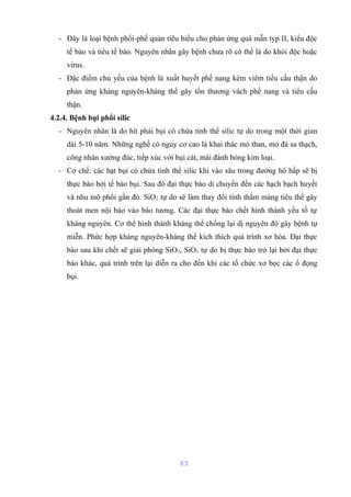 - Đây là loại bệnh phổi-phế quản tiêu biểu cho phản ứng quá mẫn typ II, kiểu độc 
tế bào và tiêu tế bào. Nguyên nhân gây bệnh chưa rõ có thể là do khói độc hoặc 
virus. 
- Đặc điểm chủ yếu của bệnh là xuất huyết phế nang kèm viêm tiểu cầu thận do 
phản ứng kháng nguyên-kháng thể gây tổn thương vách phế nang và tiểu cầu 
thận. 
4.2.4. Bệnh bụi phổi silic 
- Nguyên nhân là do hít phải bụi có chứa tinh thể silic tự do trong một thời gian 
dài 5-10 năm. Những nghề có nguy cơ cao là khai thác mỏ than, mỏ đá sa thạch, 
công nhân xưởng đúc, tiếp xúc với bụi cát, mài đánh bóng kim loại. 
- Cơ chế: các hạt bụi có chứa tinh thể silic khi vào sâu trong đường hô hấp sẽ bị 
thực bào bởi tế bào bụi. Sau đó đại thực bào di chuyển đến các hạch bạch huyết 
và nhu mô phổi gần đó. SiO2 tự do sẽ làm thay đổi tính thấm màng tiêu thể gây 
thoát men nội bào vào bào tương. Các đại thực bào chết hình thành yếu tố tự 
kháng nguyên. Cơ thể hình thành kháng thể chống lại dị nguyên đó gây bệnh tự 
miễn. Phức hợp kháng nguyên-kháng thể kích thích quá trình xơ hóa. Đại thực 
bào sau khi chết sẽ giải phóng SiO2, SiO2 tự do bị thực bào trở lại bởi đại thực 
bào khác, quá trình trên lại diễn ra cho đến khi các tổ chức xơ bọc các ổ đọng 
bụi. 
63 
 
