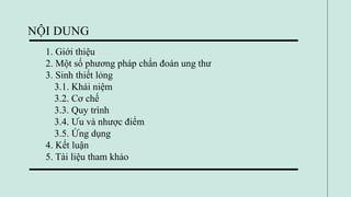 NỘI DUNG
1. Giới thiệu
2. Một số phương pháp chẩn đoán ung thư
3. Sinh thiết lỏng
3.1. Khái niệm
3.2. Cơ chế
3.3. Quy trình
3.4. Ưu và nhược điểm
3.5. Ứng dụng
4. Kết luận
5. Tài liệu tham khảo
 