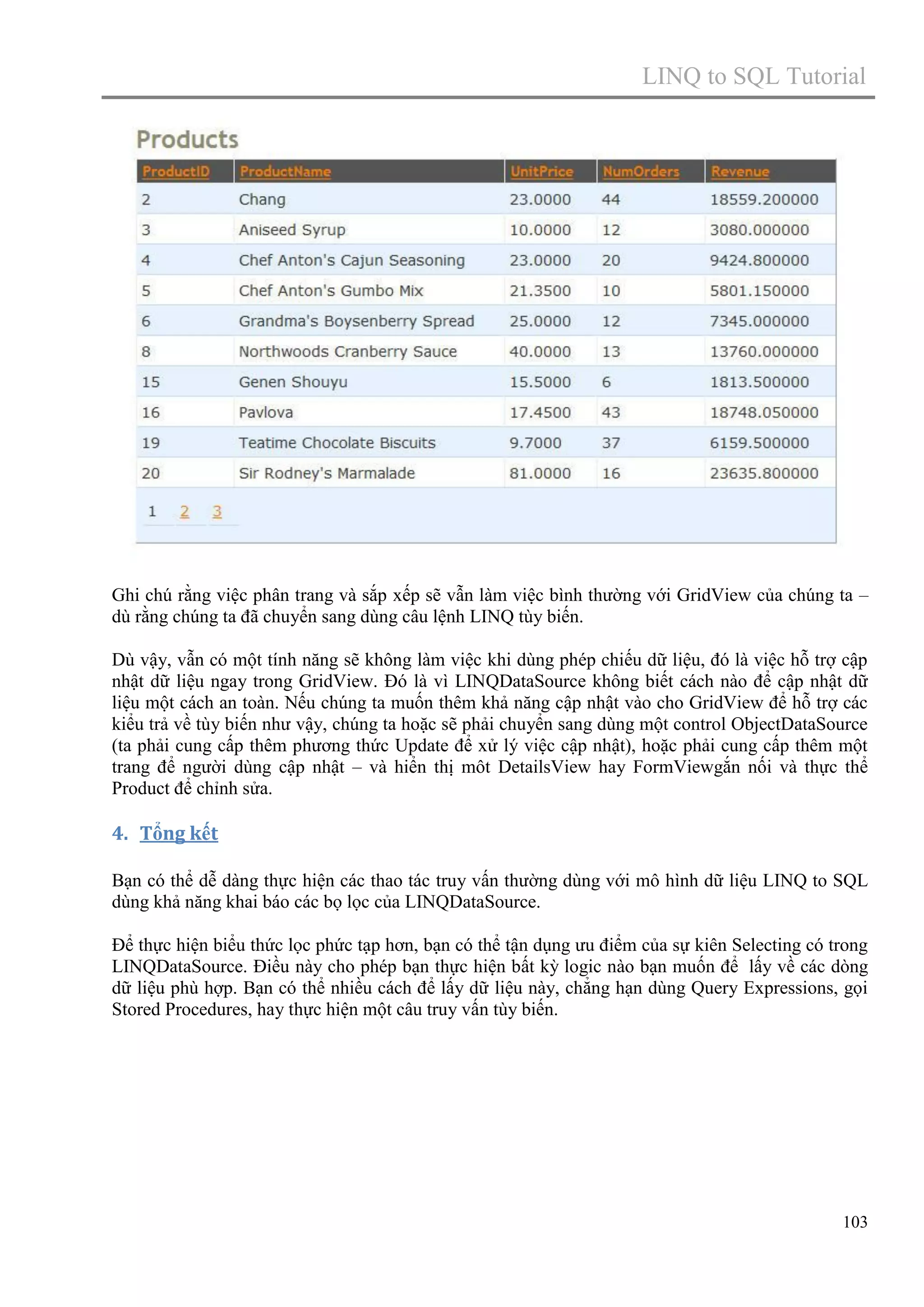 LINQ to SQL Tutorial

Ghi chú rằng việc phân trang và sắp xếp sẽ vẫn làm việc bình thường với GridView của chúng ta –
dù rằng chúng ta đã chuyển sang dùng câu lệnh LINQ tùy biến.
Dù vậy, vẫn có một tính năng sẽ không làm việc khi dùng phép chiếu dữ liệu, đó là việc hỗ trợ cập
nhật dữ liệu ngay trong GridView. Đó là vì LINQDataSource không biết cách nào để cập nhật dữ
liệu một cách an toàn. Nếu chúng ta muốn thêm khả năng cập nhật vào cho GridView để hỗ trợ các
kiểu trả về tùy biến như vậy, chúng ta hoặc sẽ phải chuyển sang dùng một control ObjectDataSource
(ta phải cung cấp thêm phương thức Update để xử lý việc cập nhật), hoặc phải cung cấp thêm một
trang để người dùng cập nhật – và hiển thị môt DetailsView hay FormViewgắn nối và thực thể
Product để chỉnh sửa.

4. Tổng kết
Bạn có thể dễ dàng thực hiện các thao tác truy vấn thường dùng với mô hình dữ liệu LINQ to SQL
dùng khả năng khai báo các bọ lọc của LINQDataSource.
Để thực hiện biểu thức lọc phức tạp hơn, bạn có thể tận dụng ưu điểm của sự kiên Selecting có trong
LINQDataSource. Điều này cho phép bạn thực hiện bất kỳ logic nào bạn muốn để lấy về các dòng
dữ liệu phù hợp. Bạn có thể nhiều cách để lấy dữ liệu này, chẳng hạn dùng Query Expressions, gọi
Stored Procedures, hay thực hiện một câu truy vấn tùy biến.

103

 