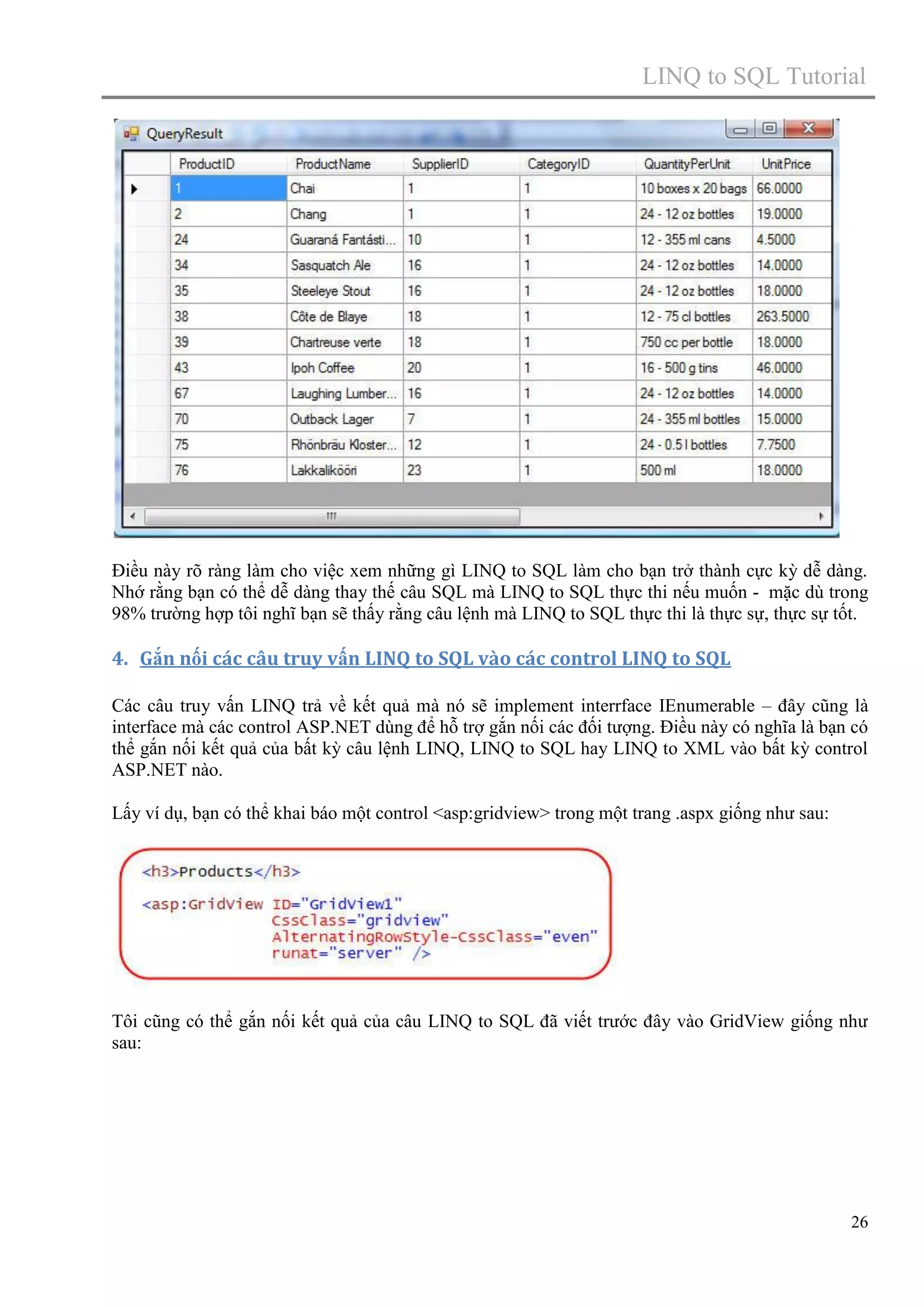LINQ to SQL Tutorial

Điều này rõ ràng làm cho việc xem những gì LINQ to SQL làm cho bạn trở thành cực kỳ dễ dàng.
Nhớ rằng bạn có thể dễ dàng thay thế câu SQL mà LINQ to SQL thực thi nếu muốn - mặc dù trong
98% trường hợp tôi nghĩ bạn sẽ thấy rằng câu lệnh mà LINQ to SQL thực thi là thực sự, thực sự tốt.

4. Gắn nối các câu truy vấn LINQ to SQL vào các control LINQ to SQL
Các câu truy vấn LINQ trả về kết quả mà nó sẽ implement interrface IEnumerable – đây cũng là
interface mà các control ASP.NET dùng để hỗ trợ gắn nối các đối tượng. Điều này có nghĩa là bạn có
thể gắn nối kết quả của bất kỳ câu lệnh LINQ, LINQ to SQL hay LINQ to XML vào bất kỳ control
ASP.NET nào.
Lấy ví dụ, bạn có thể khai báo một control <asp:gridview> trong một trang .aspx giống như sau:

Tôi cũng có thể gắn nối kết quả của câu LINQ to SQL đã viết trước đây vào GridView giống như
sau:

26

 