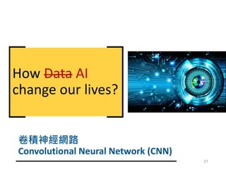 How Data AI
change our lives?
21
卷積神經網路
Convolutional Neural Network (CNN)
 