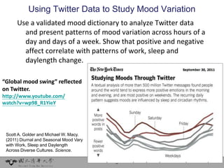 Using Twitter Data to Study Mood Variation
      Use a validated mood dictionary to analyze Twitter data
        and present patterns of mood variation across hours of a
        day and days of a week. Show that positive and negative
        affect correlate with patterns of work, sleep and
        daylength change.

“Global mood swing” reflected
on Twitter.
http://www.youtube.com/
watch?v=wp98_R1YieY




 Scott A. Golder and Michael W. Macy.
 (2011) Diurnal and Seasonal Mood Vary
 with Work, Sleep and Daylength
 Across Diverse Cultures. Science.

                                         Wang                      45
 