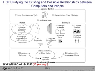 HCI: Studying the Existing and Possible Relationships between
                   Computers and People




ACM SIGCHI Curricula 1996 (15 years ago)
                                     Wang                       6
 