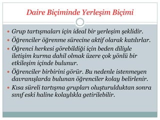 Daire Biçiminde Yerleşim Biçimi
 Grup tartışmaları için ideal bir yerleşim şeklidir.
 Öğrenciler öğrenme sürecine aktif olarak katılırlar.
 Öğrenci herkesi görebildiği için beden diliyle

iletişim kurma dahil olmak üzere çok yönlü bir
etkileşim içinde bulunur.
 Öğrenciler birbirini görür. Bu nedenle istenmeyen
davranışlarda bulunan öğrenciler kolay belirlenir.
 Kısa süreli tartışma grupları oluşturulduktan sonra
sınıf eski haline kolaylıkla getirilebilir.

 