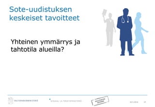 20.5.2016 14
Yhteinen ymmärrys ja
tahtotila alueilla?
Sote-uudistuksen
keskeiset tavoitteet
 