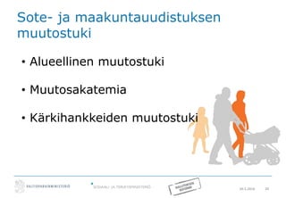 20.5.2016 20
Sote- ja maakuntauudistuksen
muutostuki
• Alueellinen muutostuki
• Muutosakatemia
• Kärkihankkeiden muutostuki
 