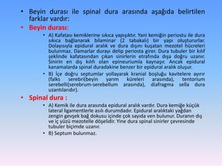 • Beyin durası ile spinal dura arasında aşağıda belirtilen
  farklar vardır:
• Beyin durası:
       • A) Kafatası kemiklerine sıkıca yapışıktır. Yani kemiğin periostu ile dura
         sıkıca bağlanarak bilaminar (2 tabakalı) bir yapı oluştururlar.
         Dolayısıyla epidural aralık ve dura dışını kuşatan mezotel hücreleri
         bulunmaz. Damarlar durayı delip periosta girer. Dura tubuler bir kılıf
         şeklinde kafatasından çıkan sinirlerin etrafında dışa doğru uzanır.
         Sinirin en dış kılıfı olan epineuriumla kaynaşır. Ancak epidural
         kanamalarda spinal duradakine benzer bir epidural aralık oluşur.
       • B) İçe doğru septumlar yollayarak kranial boşluğu kavitelere ayırır
         (falks serebri(beyin yarım küreleri arasında), tentorium
         serebelli(serebrum-serebellum arasında), diafragma sella dura
         uzantılarıdır).
• Spinal dura :
       • A) Kemik ile dura arasında epidural aralık vardır. Dura kemiğe küçük
         lateral ligamentlerle asılı durumdadır. Epidural aralıktaki yağdan
         zengin gevşek bağ dokusu içinde çok sayıda ven bulunur. Duranın dış
         ve iç yüzü mezotelle döşelidir. Yine dura spinal sinirler çevresinde
         tubuler biçimde uzanır.
       • B) Septum bulunmaz.
 