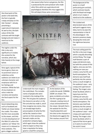 One focal point of the
poster is the bold title;
the font is typically
creepy and plays on the
title ‘Sinister’ – already
presenting a
supernatural impression.
As well as this, the dark
colour of the title
contrasts with the bright
background and makes it
stand out to the
audience.

Like several other horror sub-genres, the film
is produced by the same producer who made
other films which are supernatural and
psychological; therefore this may suggest this
film will depict those same connections.

The cracked and
deteriorated nature of the
wall paint suggests many
ideas, but to my eyes the
representation is that of
the physiological – the
demonic presence slowly
decaying the mind until
the nightmare becomes
real.

The tagline under the
title is also very
significant as it creates
the context for the
narrative, which also
links heavily to the image
below.
Once again, typical of the
horror genre, there are
no prominent actors or
celebrities as the
audience can relate to an
unknown character and
emphasise with his or
her feelings and
emotions. While the lack
of any emphasis on
actors make the
narrative and storyline
the focal aspect for the
film.
Social networking sites
such as Facebook and
Twitter are shown below
the credits. This makes
the film more accessible
to the viewer, and links
in to the development of
the Web 2.0, where the
audience can ‘follow’ the
movie as it is released on
these websites. This
gains a bigger audience.

The background of the
poster is in itself
particularly grim and dull,
which contrasts heavily
with the blood-red image
which in turn makes it
stand out to the audience.

Underneath the main image is
the credit block. This includes
names of people who were
involved in the making of the
film. This list gives the audience
the chance to see who is in the
film and who has made it, and if
they recognise any names, they
can already begin build a
preconception of what the film
will be like, based on their
opinion on their previous films.
Beneath credits are the
production company logos,
which again show the audience
what to expect as they may
have a reputation for being
good or a bad film companies.

At the bottom of the
credits the words ‘COMING
SOON’ are shown. This
gives no details as to when
the film is going to be
released, creating more of
a buzz and excitement for
the viewer. Beneath that is
the website for the film,
‘HaveYouSeenHim.com’
this links to the character in
the blood and suggests the
film revolves around ‘him’.

The main selling point for
the film is the main image,
which is equally disturbing
and terrifying. The image
itself denotes a pair of
angry and demonic eyes,
but with the context of the
tagline, once you see him,
nothing can save youcreates a very horrific and
fearful atmosphere. The
demonic eyes itself look
perfectly into the camera
and as a result straight at
the audience’s eyes – very
creepy and supernatural
feeling. The image is also
drawn by blood, which is
typical you see him,
nothing can save youcreates a very horrific and
fearful atmosphere. The
demonic eyes itself look
perfectly into the camera
and as a result straight at
the audience’s eyes – very
creepy and supernatural
feeling. The image is also
drawn by blood, which is
typical of the horror genre
as it seems to come from
the victim’s hand.

 