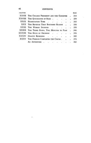 xu
	
CONTENTS
CHAPTER PAGE
XXVII THE COLLEGE PRESIDENT AND THE GANGSTER 314
XXVIII THE QUICKSANDS OF RAGE 324
XXIX EXAMINATION TIME
	
. 333
XXX THE REVENGE THAT BANISHED REASON 336
XXXI THE WOMAN SPURNED
	
. 339
XXXII THE THIRD DOWN, Two MINUTES TO PLAY 346
XXXIII THE HOUR OF DECISION 356
XXXIV DRASTIC REMEDIES 369
XXXV THE PEDDLER COMPLETES THE CIRCLE 376
AN AFTERWORD 383
 