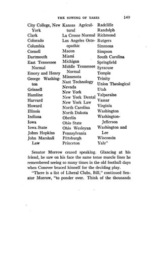 City College, New
York
Clark
Colorado
Columbia
Cornell
Dartmouth
East Tennessee
Normal
Emory and Henry
George Washing-
ton
Grinnell
Hamline
Harvard
Howard
Illinois
Indiana
Iowa
Iowa. State
Johns Hopkins
John Marshall
Law
THE SOWING OF TARES
	
149
Kansas Agricul-
tural
La Crosse Normal
Los Angeles Oste-
opathic
Macon
Miami
Michigan
Middle Tennessee
Normal
Minnesota
Nast Technology
Nevada
New York
New York Dental
New York Law
North Carolina
North Dakota
Oberlin
Ohio State
Ohio Wesleyan
Pennsylvania
Pittsburgh
Princeton
Radcliffe
Randolph
Richmond
Rutgers
Simmons
Simpson
South Carolina
Springfield
Syracuse
Temple
Trinity
Union Theological
Utah
Valparaiso
Vassar
Virginia
Washington
Washington-
Jefferson
Washington and
Lee
Wisconsin
Yale"
Senator Morrow ceased speaking. Glancing at his
friend, he saw on his face the same tense muscle lines he
remembered seeing so many times in the old football days
when Conover braced himself for the deciding play.
"There is a list of Liberal Clubs, Bill," continued Sen-
ator Morrow, "to ponder over . Think of the thousands
 