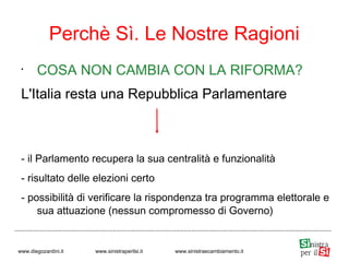 •
COSA NON CAMBIA CON LA RIFORMA?
L'Italia resta una Repubblica Parlamentare
- il Parlamento recupera la sua centralità e funzionalità
- risultato delle elezioni certo
- possibilità di verificare la rispondenza tra programma elettorale e
sua attuazione (nessun compromesso di Governo)
Perchè Sì. Le Nostre Ragioni
www.diegozardini.it www.sinistraperilsi.it www.sinistraecambiamento.it
 