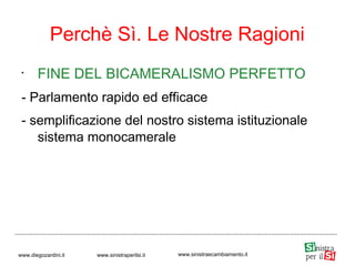 •
FINE DEL BICAMERALISMO PERFETTO
- Parlamento rapido ed efficace
- semplificazione del nostro sistema istituzionale
sistema monocamerale
Perchè Sì. Le Nostre Ragioni
www.diegozardini.it www.sinistraperilsi.it www.sinistraecambiamento.it
 