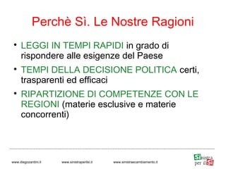 
LEGGI IN TEMPI RAPIDI in grado di
rispondere alle esigenze del Paese

TEMPI DELLA DECISIONE POLITICA certi,
trasparenti ed efficaci

RIPARTIZIONE DI COMPETENZE CON LE
REGIONI (materie esclusive e materie
concorrenti)
Perchè Sì. Le Nostre Ragioni
www.diegozardini.it www.sinistraperilsi.it www.sinistraecambiamento.it
 