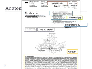 Anatomie d’un brevet – Canada
Titre du brevet
Inventeur(s)
Propriétaire du
brevet
Numéro du
brevet
Abrégé
Numéros de
classification
 