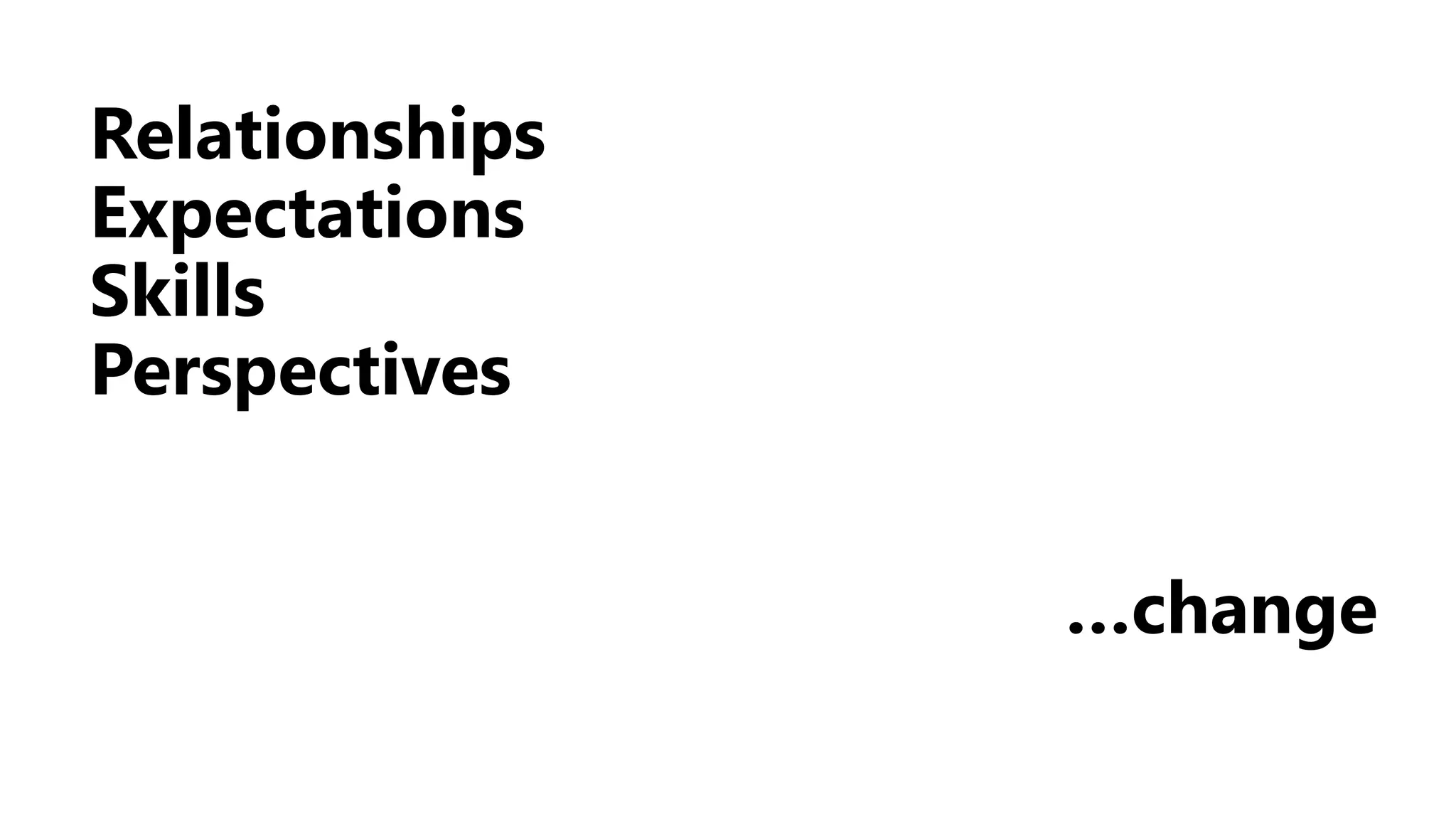 Relationships
Expectations
Skills
Perspectives
…change
 