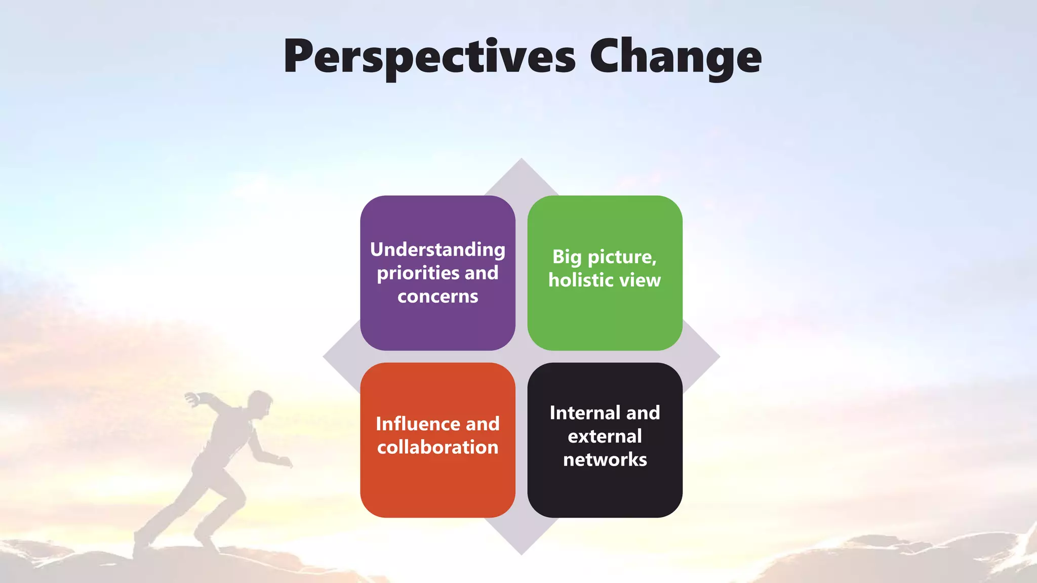 Perspectives Change
Understanding
priorities and
concerns
Big picture,
holistic view
Internal and
external
networks
Influence and
collaboration
 