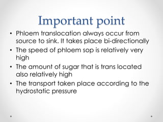 Important point 
• Phloem translocation always occur from 
source to sink. It takes place bi-directionally 
• The speed of phloem sop is relatively very 
high 
• The amount of sugar that is trans located 
also relatively high 
• The transport taken place according to the 
hydrostatic pressure 
 